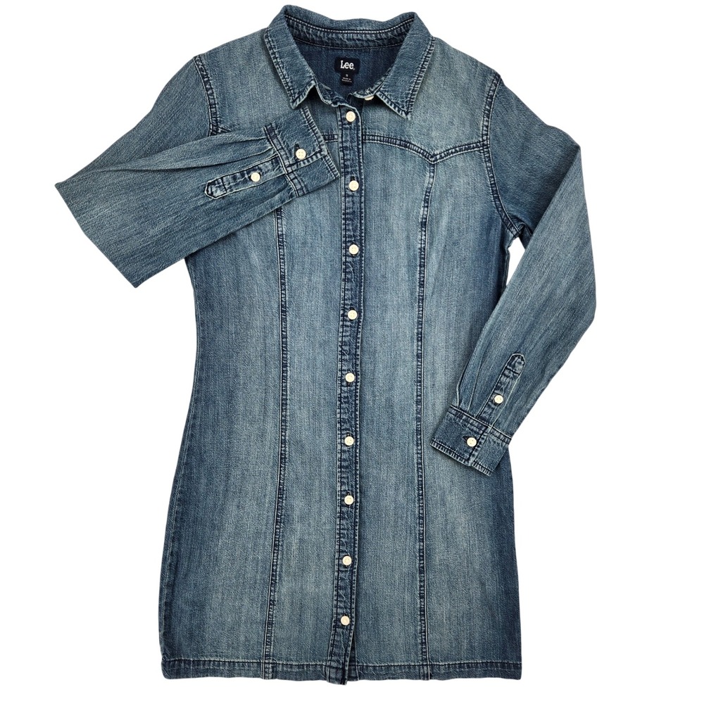Lee SMALL Denim Button Down Womens Westerncore Cowgirl‎ Medium Wash Shirt Dress